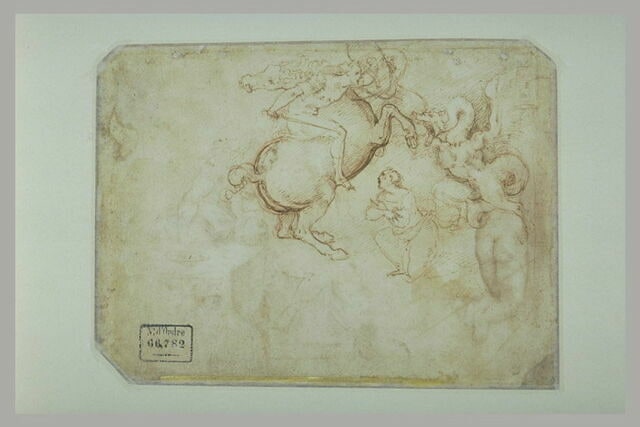 Cavalier armé luttant contre un dragon ; femme agenouillée