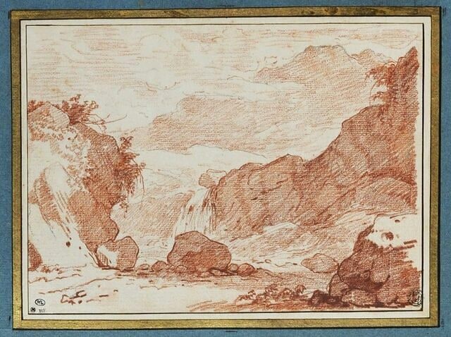 Etude de rochers avec une petite chute d'eau au milieu