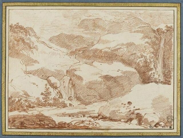 Etude de rochers : à droite, une chute d'eau