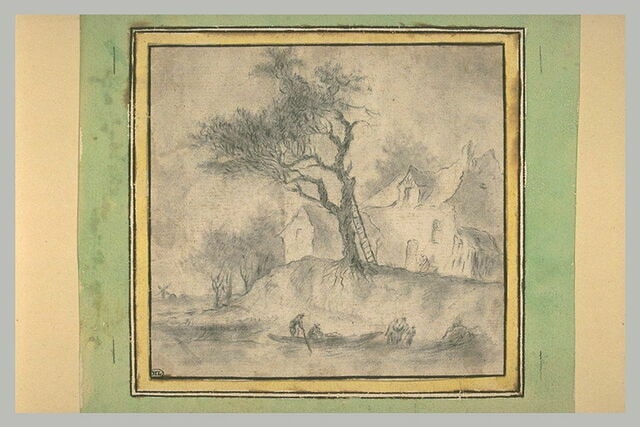 Chaumières au bord d'une rivière avec quelques barques