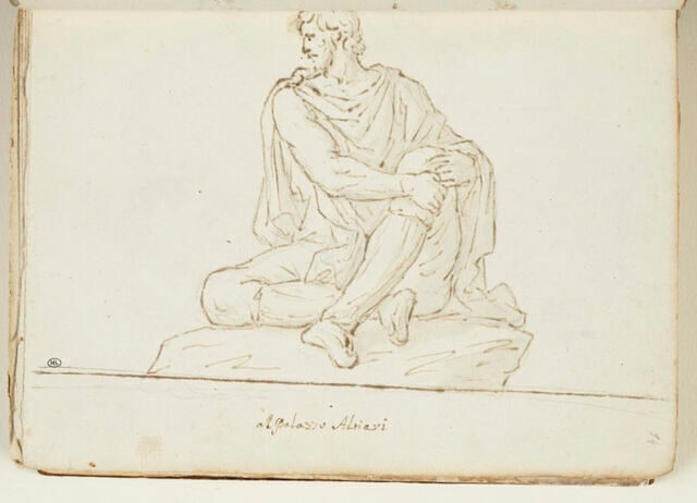 Homme assis, vue de face, jambe repliée, ses mains enserrant son genou...