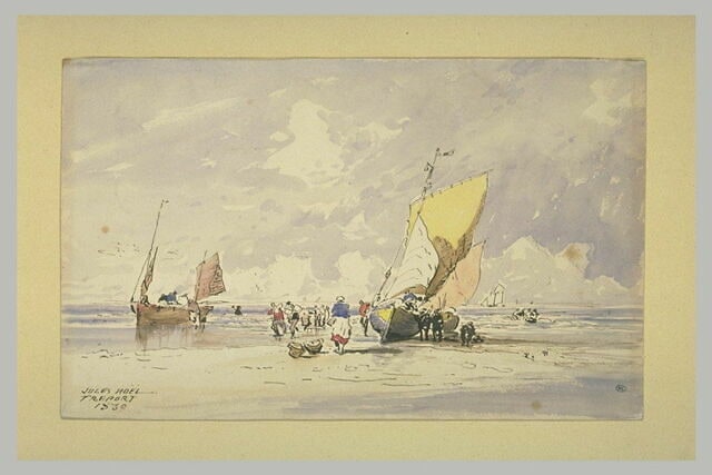 Plage avec bateaux et pêcheurs, au Tréport