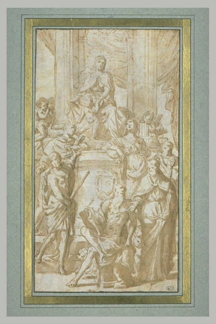 Vierge à l'Enfant sur un piedestal entourée de saints