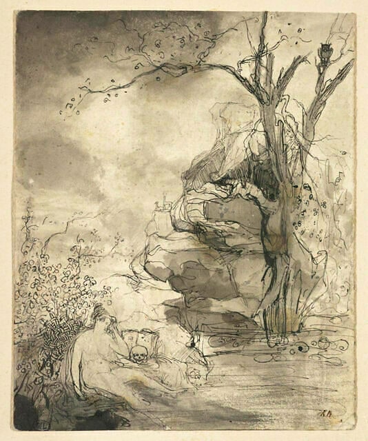 Femme nue assise au bord de l'eau, près d'un crâne : sainte Madeleine (?)