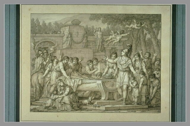 Funérailles du père autour du sarcophage de marbre