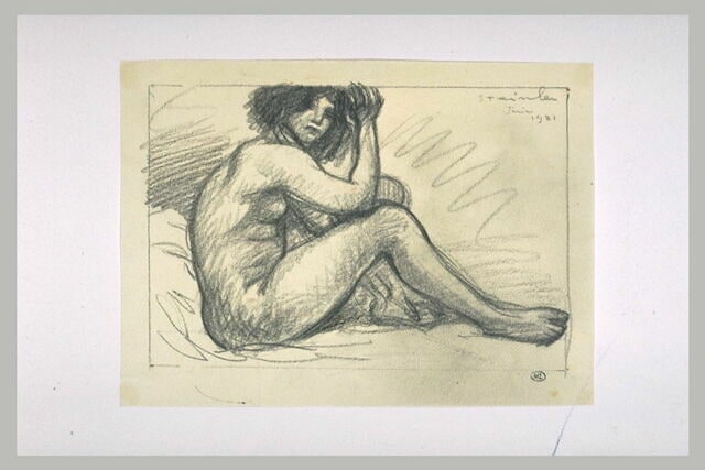 Etude de femme nue, assise, la tête de face, posée sur l'une des mains