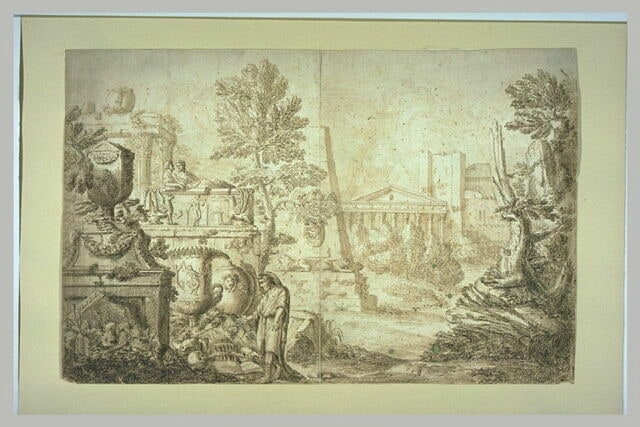 Vue d'une nécropole parmi des ruines antiques et un temple