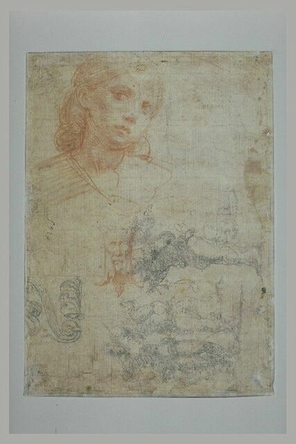 Tête de femme et masque grotesque ; rinceaux et trois études de figures