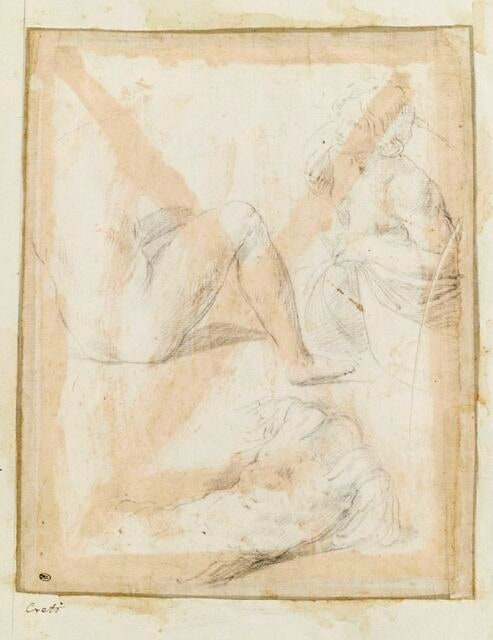 Buste d'une jeune fille, femme nue assise à terre, torse d'un soldat