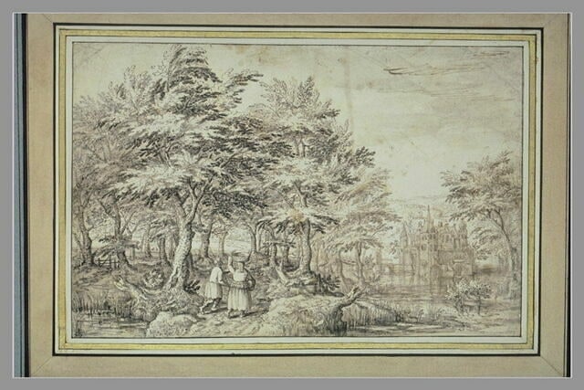 Paysage avec un château entouré d'eau
