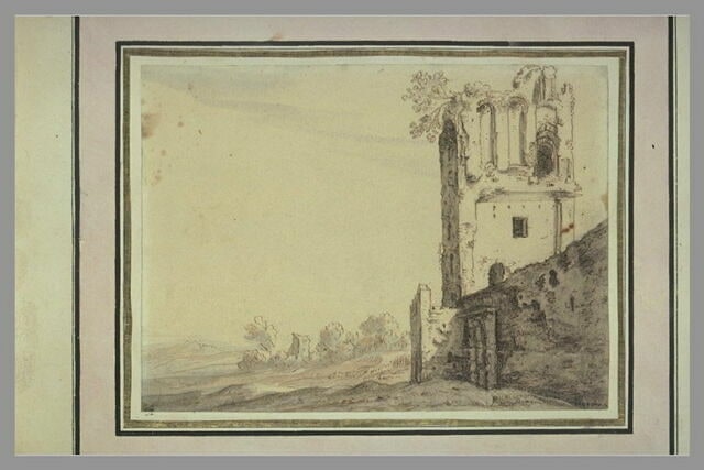 Paysage avec tour carrée en ruine