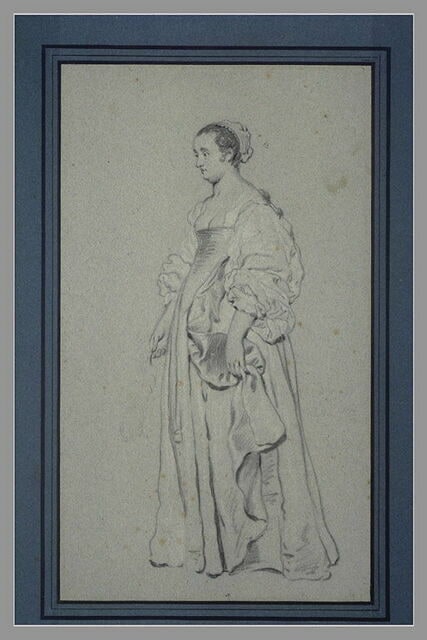 Etude pour un portrait de dame, en pied, de profil, tenant un éventail