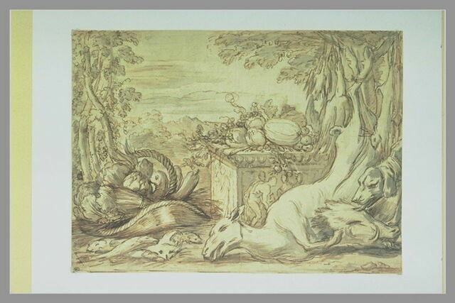 Nature morte à la biche morte, dans un paysage