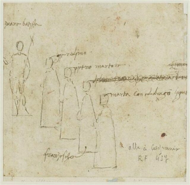 Esquisse de saint Jean-Baptiste, quatre figures shématiques, inscriptions