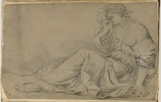 Femme assise à terre de trois quarts à gauche, se lamentant