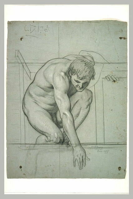 Homme accroupi, se penchant en avant
