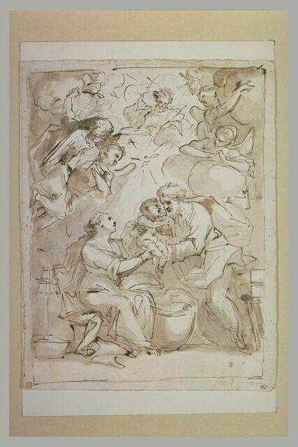 La Vierge et saint Joseph tenant l'Enfant Jésus au-dessus du berceau