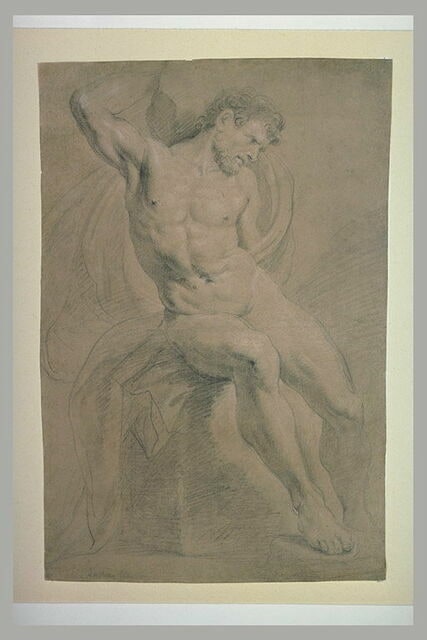 Etude d'homme nu, assis sur un bloc de pierre