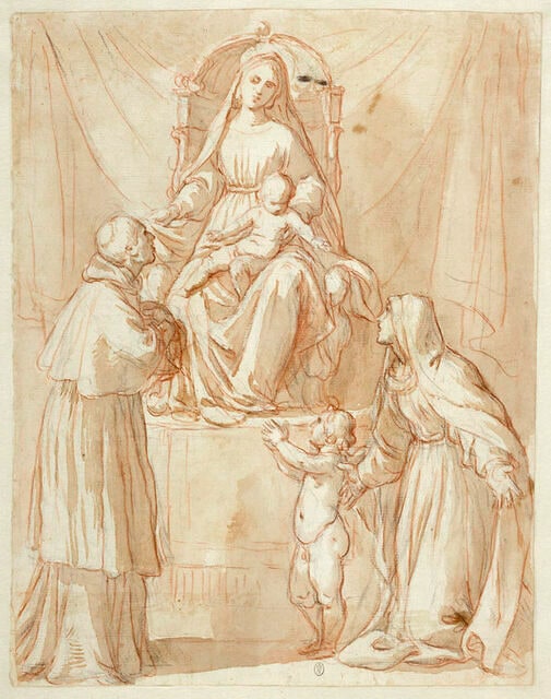 Vierge à l'Enfant assis sur un trône et deux saints