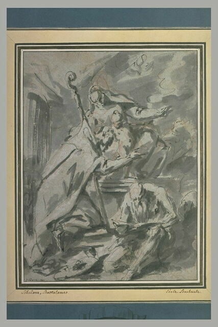 Un saint avec un livre et un évêque agenouillé devant la Vierge et l'Enfant