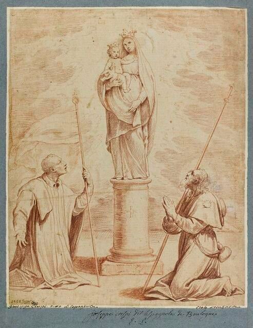 Deux pélerins devant la Vierge miraculeuse de Saint Luc, près de Bologne