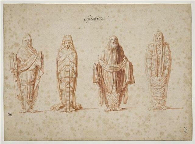 Quatre spectres, le corps entouré de bandelettes, drapés dans des manteaux