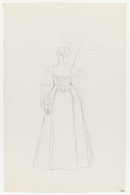 Personnage féminin en costume historique, de face, tenant un pare-soleil. Etude pour la Réception du Grand Condé à Versailles.
