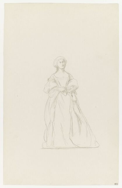 Personnage féminin en costume historique, de face, tenant un évantail. Etude pour la Réception du Grand Condé à Versailles.