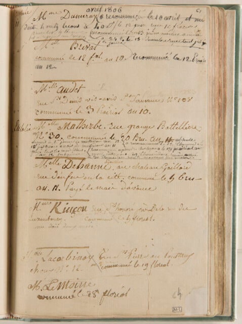 Notes : liste des élèves d'Augustin, avril 1806