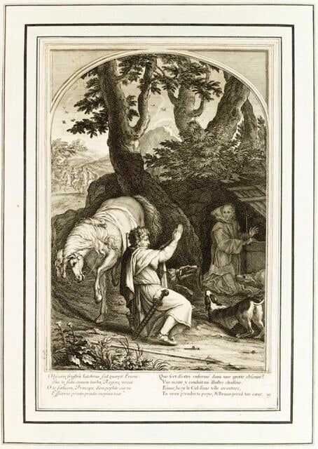 La vie de Saint Bruno, fondateur de l'ordre des Chartreux : La rencontre de saint Bruno et du comte et duc Roger de Sicile et de Calabre (planche numéroté 19)