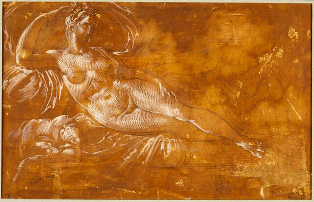 Étude de femme nue allongée (Danaé?) avec, auprès d'elle, l'Amour et une servante