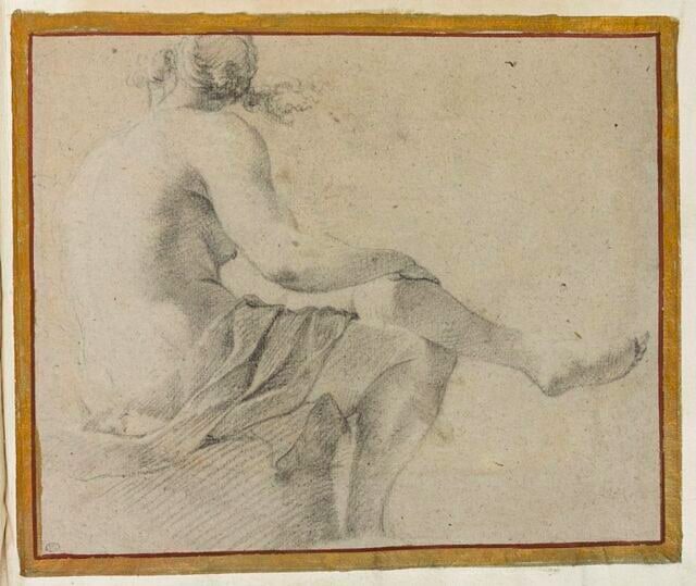 Femme nue assise, tournée vers la droite, vue de dos : étude pour une déesse de l'Assemblée des dieux