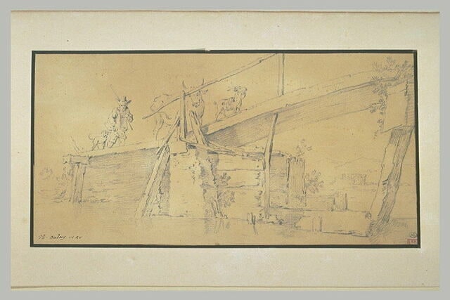 Pont de bois où passe un berger conduisant un troupeau