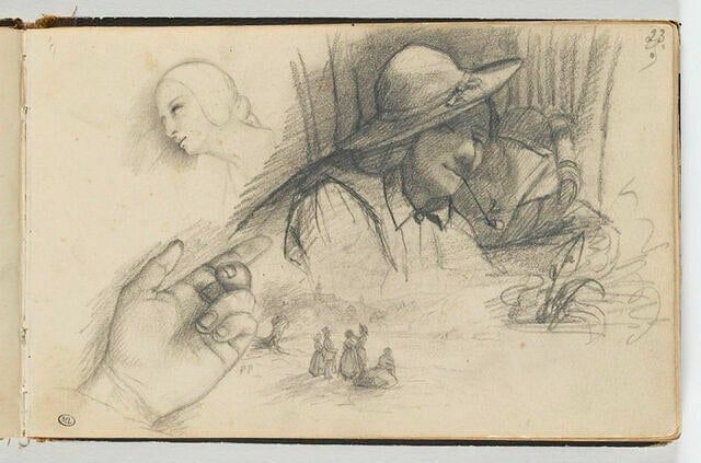 Etudes d'une main, de figures en buste et de figures dans la campagne, autoportrait à la pipe (autoportrait de Courbet et différents croquis)