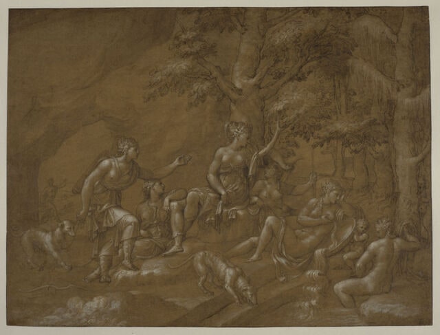 Diane et de ses nymphes au repos auprès de la source Gargaphié, observées par un satyre