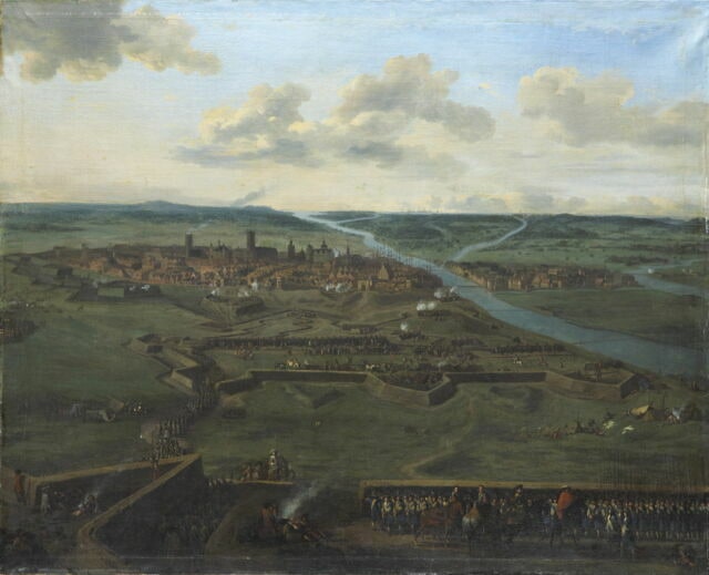 Vue cavalière d'une ville fortifiée