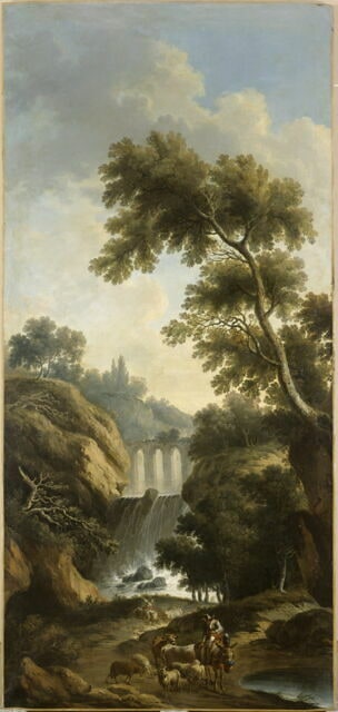 Paysage. Cascades et aqueduc entre des rochers