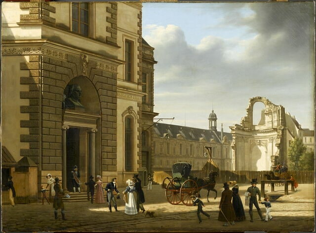 Vue de l'entrée du Musée royal ; au fond, les ruines de l'église Saint-Louis du Louvre