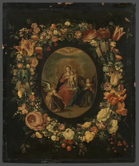La Vierge et l'Enfant avec deux anges musiciens, entourés d'une guirlande de fleurs
