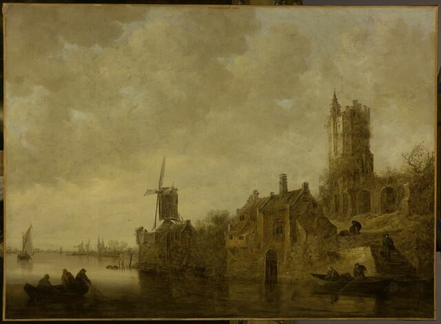 Paysage fluvial avec moulin et château en ruines