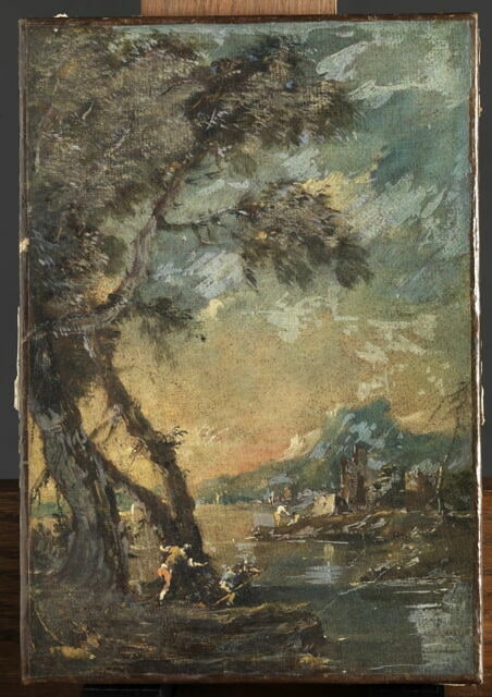 Paysage avec grands arbres au bord d'un lac
