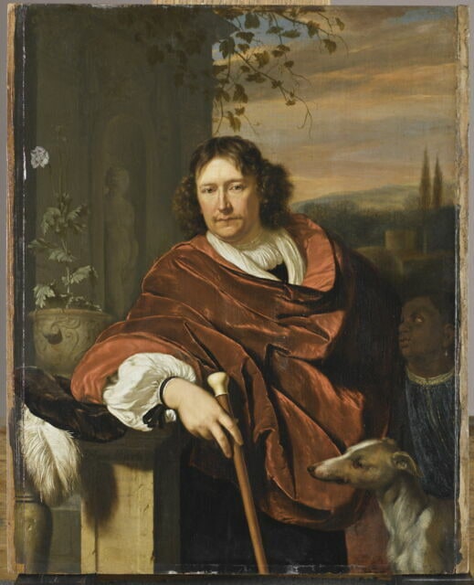 Portrait d'homme à la canne, avec un petit serviteur noir et un chien