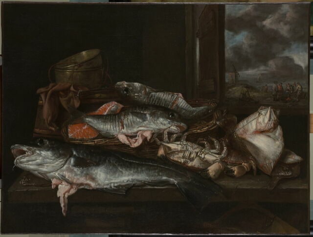 Nature morte aux poissons, avec bord de mer et pêcheurs à l'arrière-plan