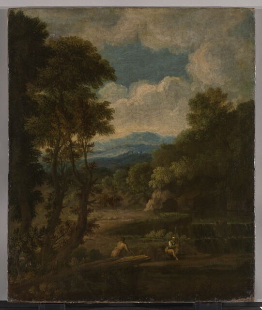 Paysage boisé avec personnages assis près d'une cascade