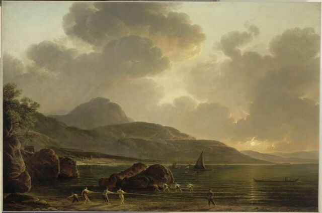 Marine. Vue prise au soleil couchant, dans le golfe de Naples, avec pêcheurs