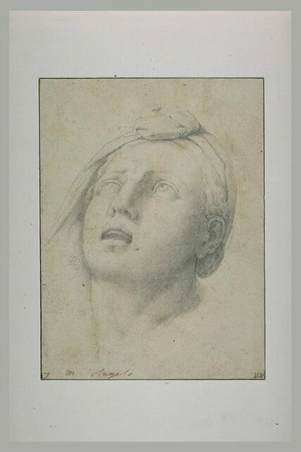 Tête de femme, de trois quarts, coiffée d'un turban, semblant crier