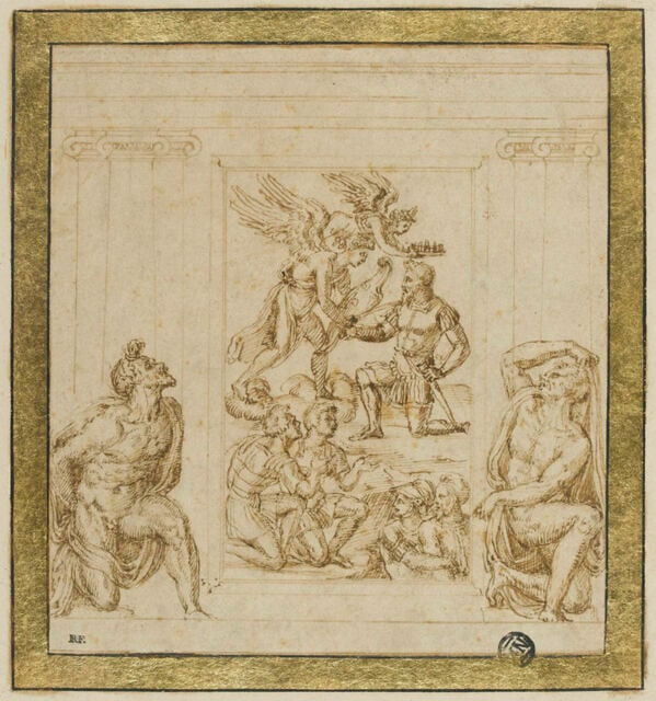 Étude pour un relief avec un condottiere couronné par deux anges