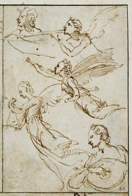 Cinq croquis d'anges volant et jouant de divers instruments