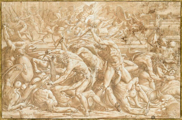 Combat d'hommes nus devant un bûcher