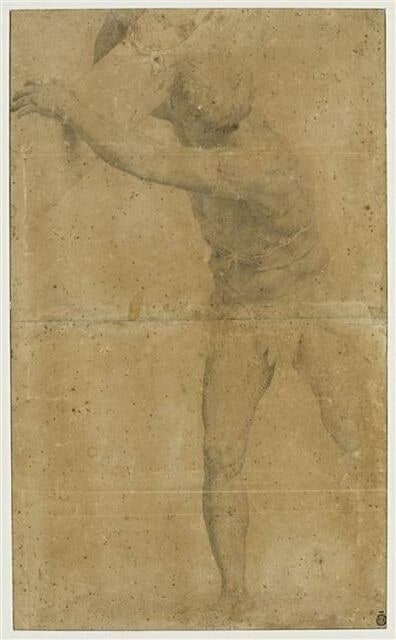 Figure d'homme revêtu d'une cotte d'armes, soutenant une poutre